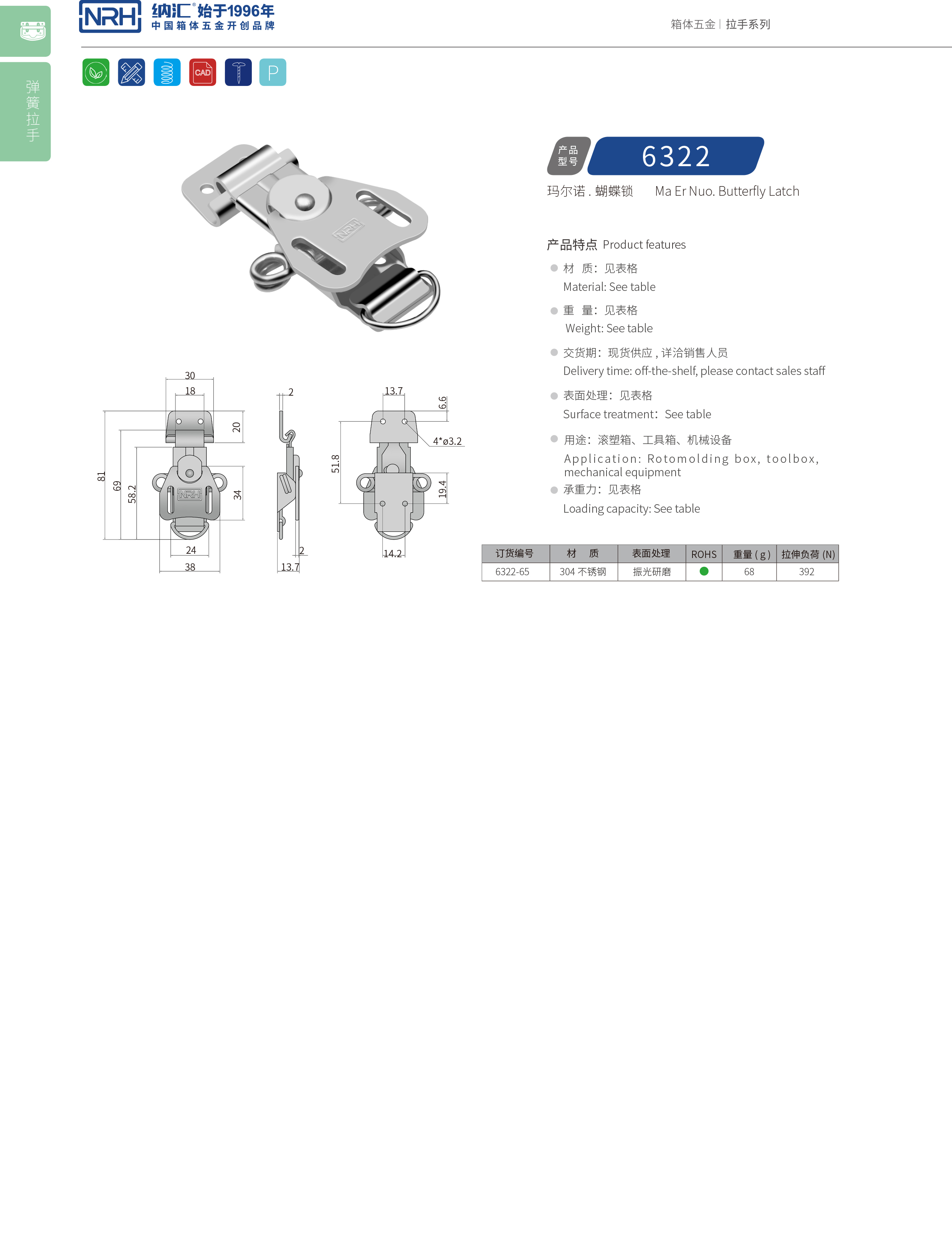 蝴蝶鎖芯6322-65清潔車箱扣_不銹鋼鎖扣_NRH救災箱箱扣