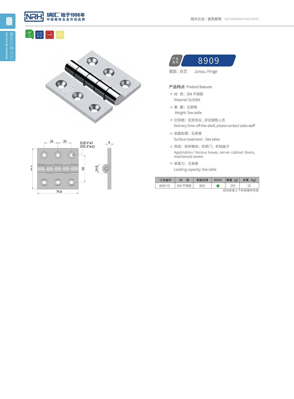  納匯/NRH 8909-75 可拆卸合頁