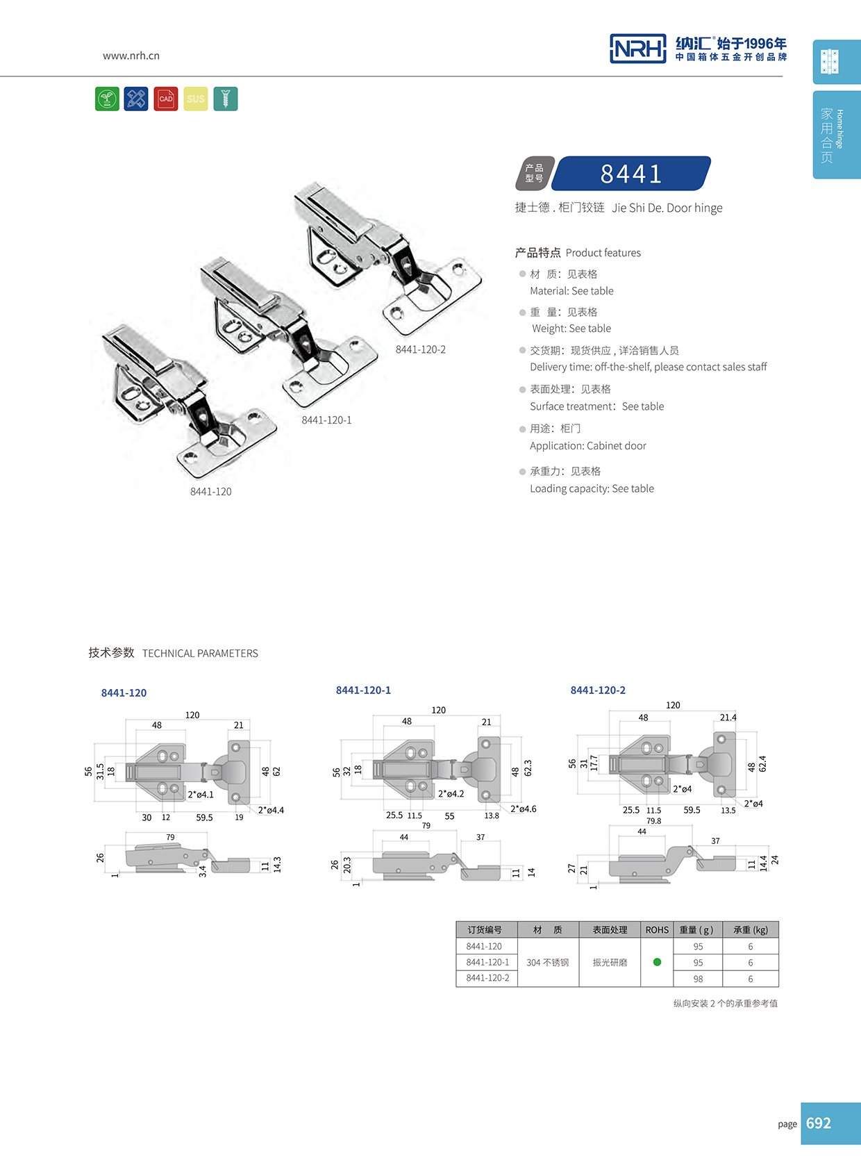 納匯/NRH 8441-120 外露式合頁(yè)